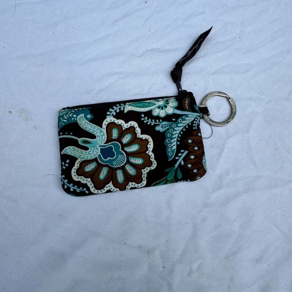 Vera Bradley Teal and Brown Quilted Card Wallet with Key Ring - Picture 2 of 3